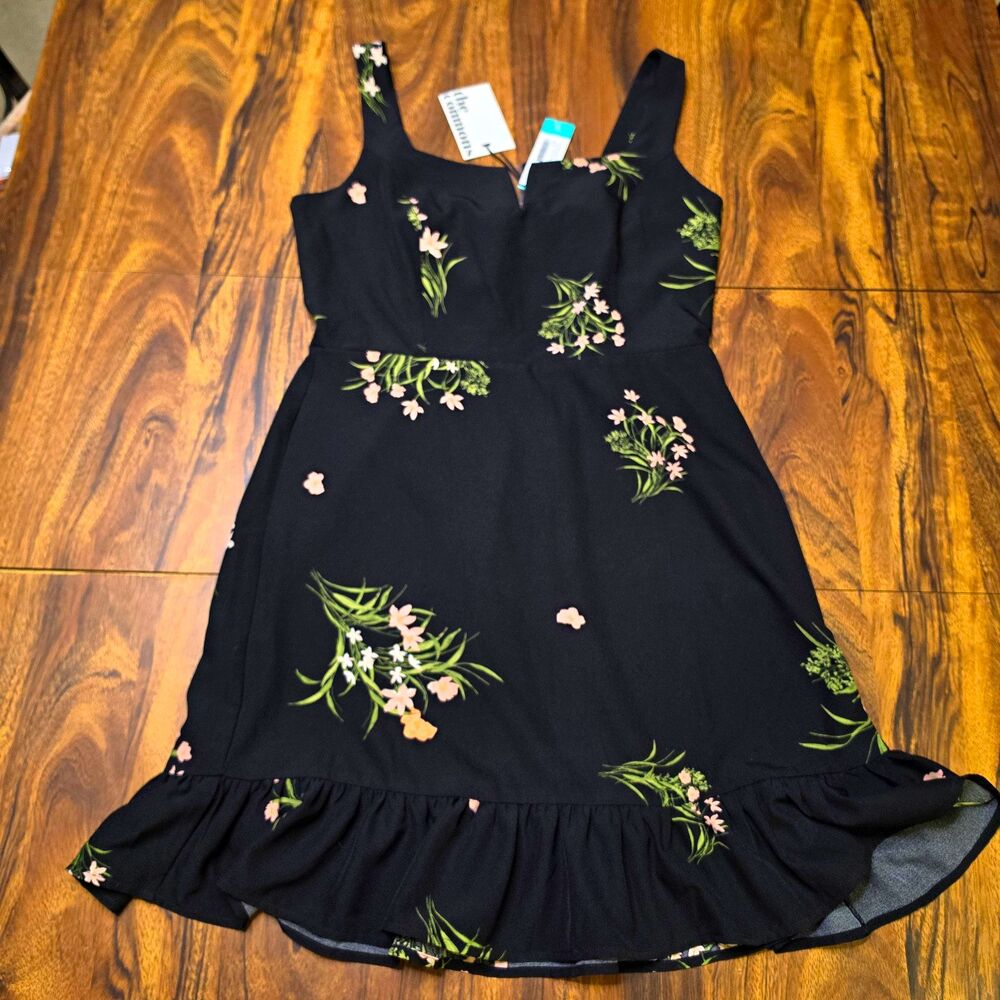 The Commons Black Floral V-Neck A-Line Short Dress Pockets Ruffle Smocked L